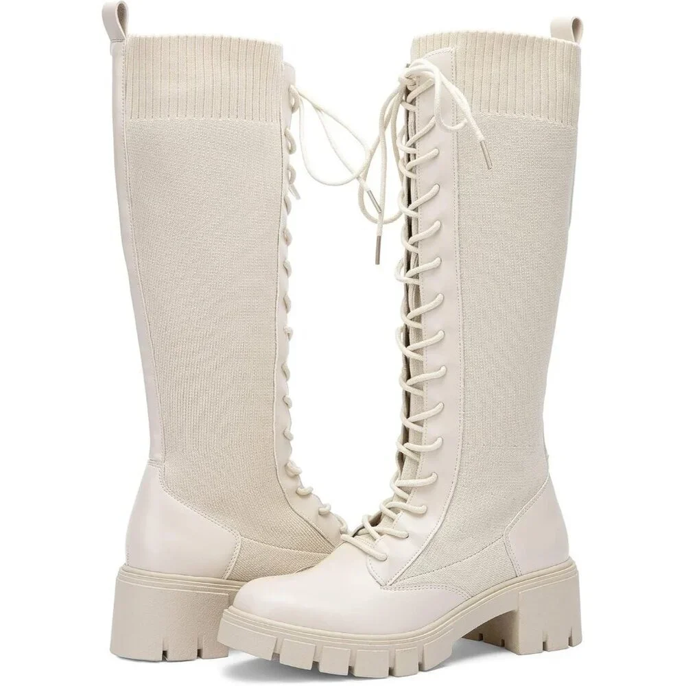 Women's Beige 953 Chunky Platform Heel Lace Gothic Knee High Combat Boots